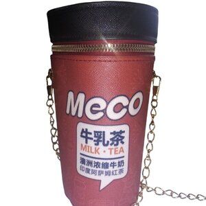 Mecko Milk Tea Brown Cup Bucket Handbag Chain Link Strap Crossbody Purse